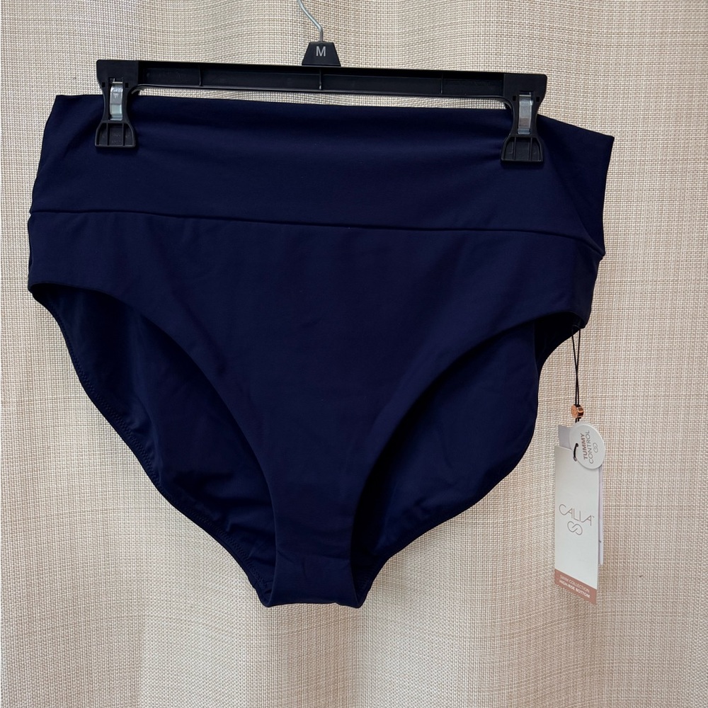 CALIA Wide Banded High Rise High Leg Swim Bottoms Navy Blue Sz L Flattering NWT - Picture 4 of 11